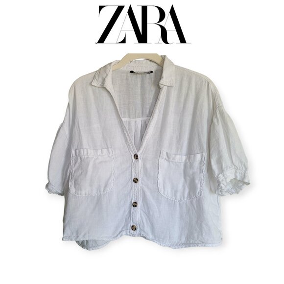 Zara Linen Blend Oversized Cropped Shirt M - Picture 1 of 7